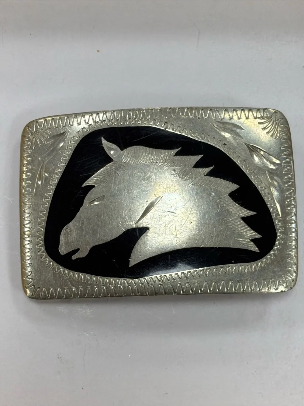 Vintage Western German Silver Engraved Horse Head Belt Buckle Black Onyx